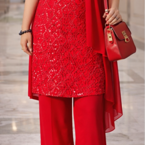 Red Sequin Kurti Set with Palazzo & Dupatta – Corset Back Designer Suit